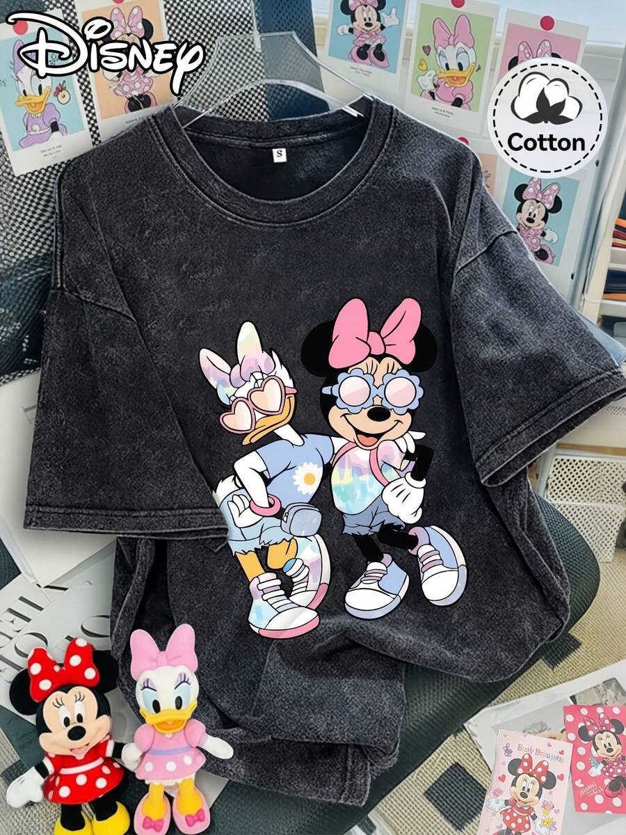 Disney Minnie And Daisy Print Women's T-Shirt, Made Of Comfortable And Breathable Fabric, Featuring A Round Neck And Short Sleeves, A Casual Vintage-Style Top For Women - màu đen - Xem 1