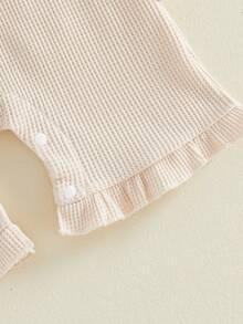 Newborn Baby Girl Outfit Short Sleeve Ruffled Romper Headband Summer Waffle Set - Apricot - View 6