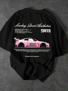 Manfinity Dauomo Camiseta de manga corta de cuello redondo con eslogan y gráfico de automóvil, de uso casual y versátil para uso diario - Negro 2 - Ver 3