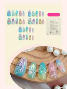Y2K海洋主题亚克力美甲贴纸，10片装，中号杏仁形，自带背胶，DIY“多巴胺”3D假指甲套装，包含海浪、鲸鱼、花朵、蝴蝶和白色珠子元素。高品质，适合美甲沙龙、女孩和女士使用。日常佩戴和节日派对皆宜，也是一份绝佳的礼物之选。 - 彩色 - 查看 3