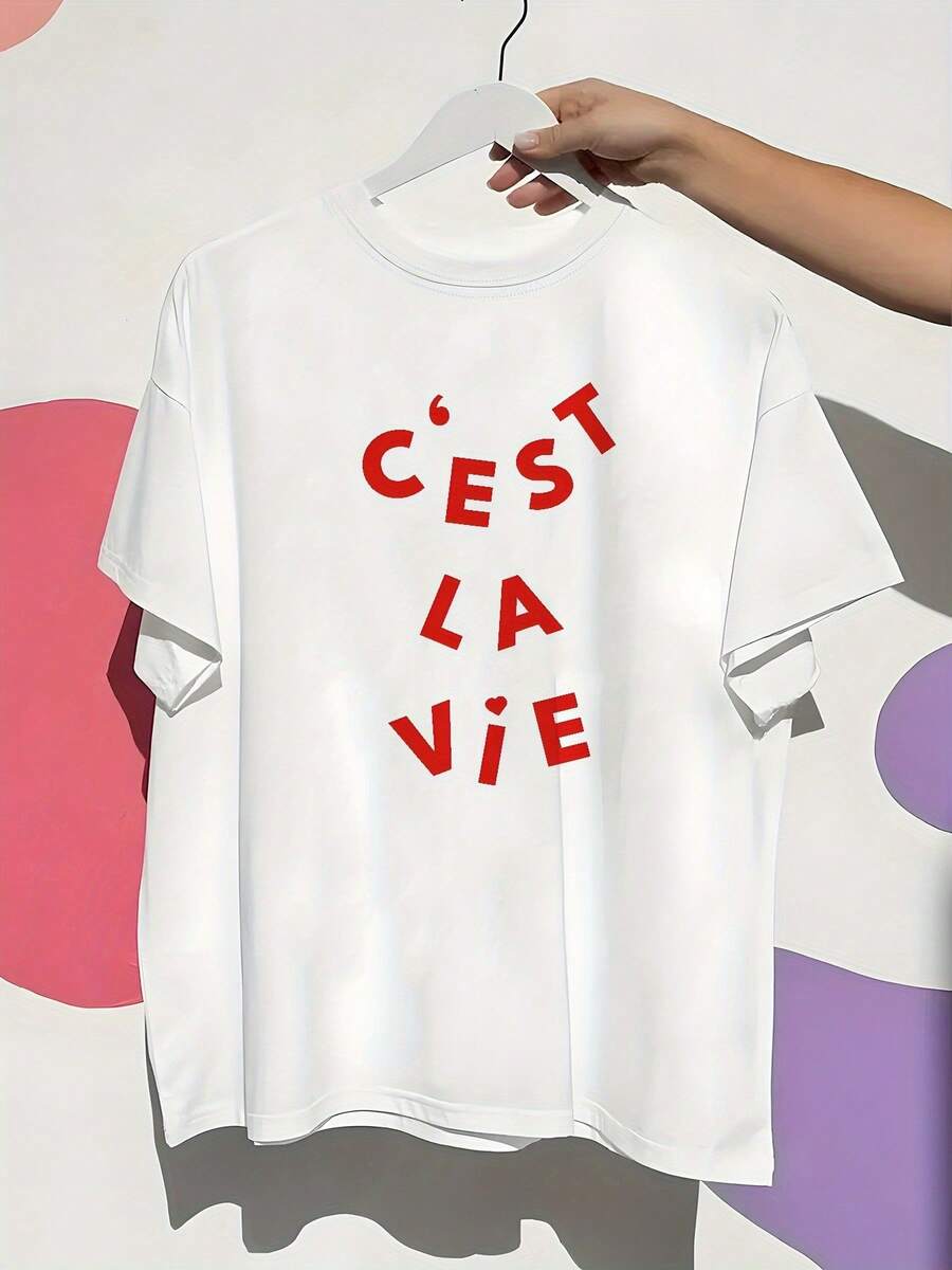 Women's T-Shirt With "C'est La Vie" Print, Casual Crew Neck, Lightweight Stretch Fabric, All-Season Top, Fabric Weight 200g/M², Alphabet Pattern - Spring/Summer Fashion Essential - 白色 - 查看 1