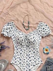 Body estampado floral para mujer, diseño hombros descubiertos con mangas bombachas, cordón frontal y fruncidos en pecho moldeadores, tela elástica suave ideal para primavera y verano - Azul 2 - Ver 4