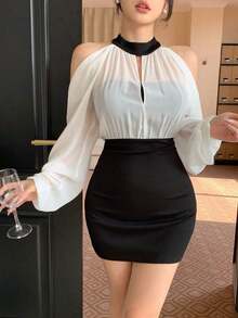 Vestido de verano de manga larga, ajustado, con cuello alto y hombros descubiertos de unicolor, ropa de otoño para damas - Blanco y Negro - Ver 6