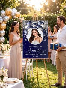 1pc Personalized Birthday Poster, Blue & Silver Balloon Theme Birthday Welcome Sign, Birthday Party Welcome Sign With Photo, Customized Birthday Celebration Welcome Signage, Birthday Party Welcome Backdrop, Customized Birthday Party Welcome Board Template, Birthday Party Entrance - Multicolor - View 4
