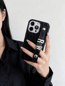個性化奢華仿鱷魚壓紋銀色3D字母人造皮革腕帶手機殼，情人節禮物、生日禮物、節日禮物，適合他或她，相容於Apple - 黑色 - 查看 5