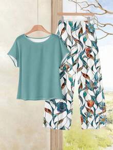 Conjunto de 2 piezas con estampado floral ajustado, versátil para primavera/verano - Multicolor 7 - Ver 1