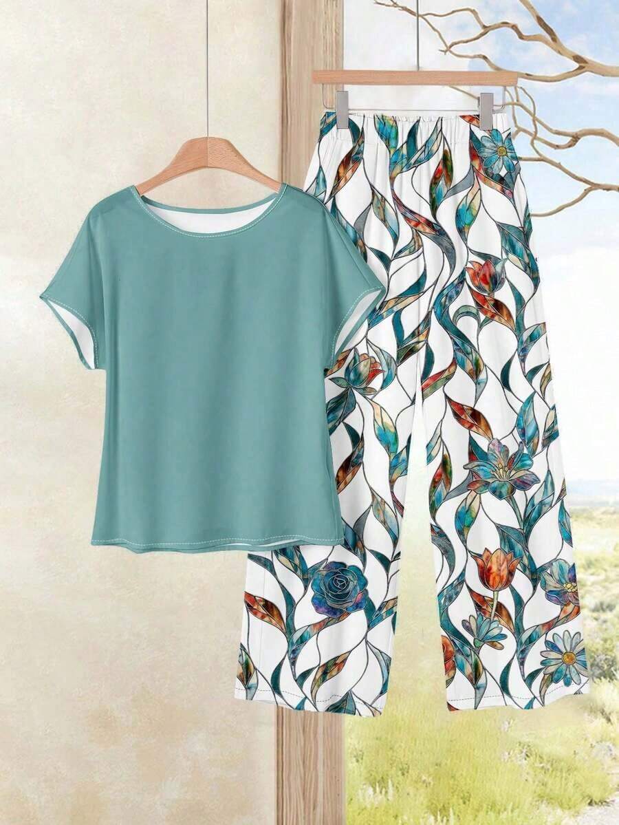 Conjunto de 2 piezas con estampado floral ajustado, versátil para primavera/verano - Multicolor 7 - Ver 1