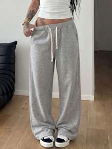 Pantalones de chándal rectos y holgados de punto minimalistas para mujer con bolsillos y cintura con cordón, pantalones largos casuales y cómodos - Gris - Ver 2