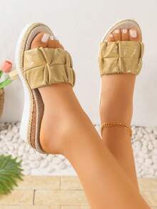 Women's Pleated Platform Wedge Slide Sandals, Open Toe Linen Comfortable Thick Sole Casual Beach Daily Wear Shoes, Solid Color Bohemian Holiday - Khaki - View 2
