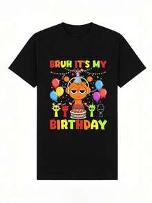 Camiseta de manga corta con cuello redondo suave y casual para mujer, estampado gráfico divertido de dibujos animados para cumpleaños, adecuada para fiestas. Negra. - Negro - Ver 2