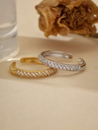 Joyería fina de lujo Anillo de eternidad abierto de plata de ley 925 con baño de oro de 18k y micro circonita elegante y de moda para mujeres