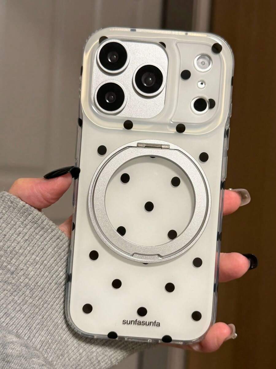 可爱白色波点电镀360°旋转指环支架软手机壳，兼容 17 Pro Max、17 Pro、16 Pro Max、16 Pro、15 Pro Max、15 Pro、14 Pro Max、14 Pro、13 Pro Max、13 Pro、12 Pro Max、12 Pro、14 Plus、15 Plus、16 Plus、17 Air；简约黑色波点手机壳