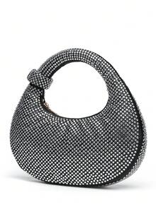 Mini Hobo Bag In A Crescent Shape, Fully Covered In Rhinestones, Integrated Circular Handle With Bow, Zipper, Various Colors, Women's Party, Wedding, Birthday Gift - 軍綠色 - 查看 3