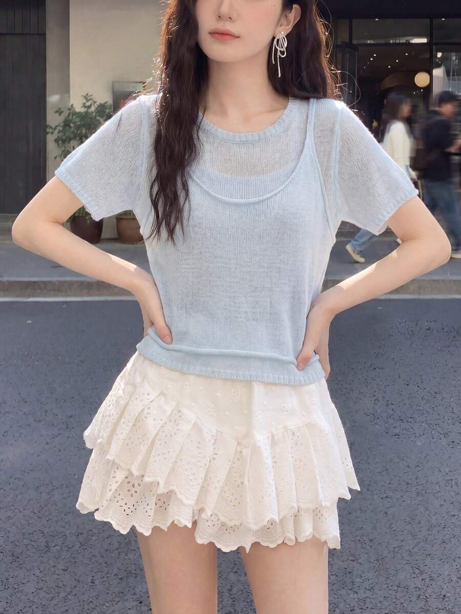Áo thun dệt kim tay ngắn kiểu dáng tối giản 2 trong 1 dành cho nữ, thích hợp mặc mùa hè. - Màu xanh nhạt - Xem 1