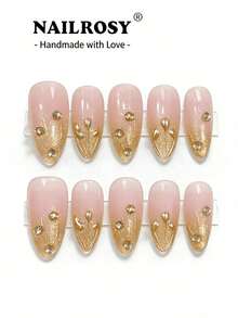 10pcs Handmade Gold Ombre Matte Nail Stickers - Elegant Reusable Pointed Fake Nail Decals With Diamond Decoration - Gold - View 10