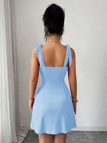 Vestido mini ajustado de línea A con decoración de lazo y perla, de unicolor y elegante moda para mujer - Rojo - Ver 9