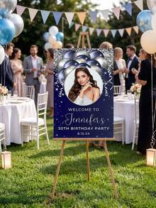 1pc Personalized Birthday Poster, Blue & Silver Balloon Theme Birthday Welcome Sign, Birthday Party Welcome Sign With Photo, Customized Birthday Celebration Welcome Signage, Birthday Party Welcome Backdrop, Customized Birthday Party Welcome Board Template, Birthday Party Entrance - Multicolor - View 3