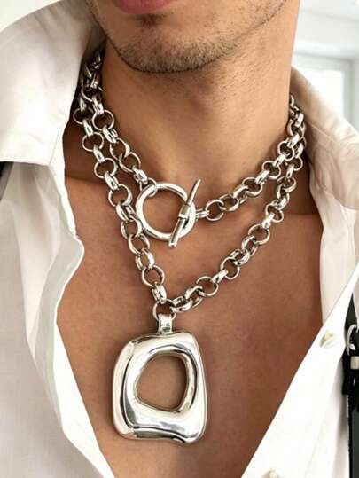1pc Men's Necklace, Hip-Hop Retro Fashion Personality Exaggerated Niche Design Metal Chain Necklace, Asymmetrical Hollow Square Pendant, Suitable For Daily Wear, Party, Banquet, Gift For Friends On Holidays, Birthday, Anniversary