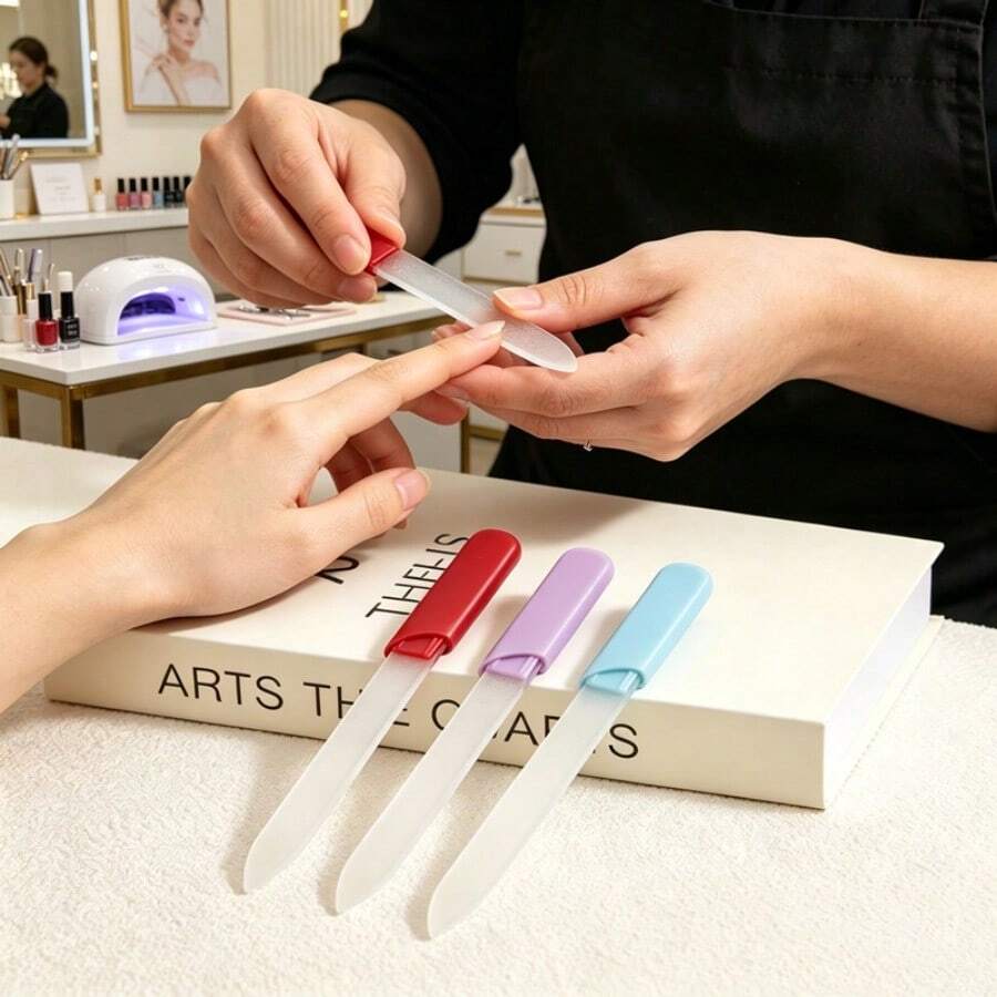 1 cái dũa móng tay bằng thủy tinh tái sử dụng có nắp đậy, thanh mài hai mặt khắc họa tiết pha lê, dụng cụ loại bỏ chai sần, bút sửa chữa bề mặt móng, dũa tạo hình và làm bóng móng. - Nhiều màu - Xem 1