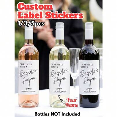 1/3/5pcs, Custom Graduation Wine Label Stickers, Personalized Name Bachelor's Degree Bottle Decals, Waterproof High Quality Self-Adhesive Labels For Mother's Day & Grad Party, Elegant Minimalist Style, Perfect Gift For Graduates, Wine Bottles Not Included