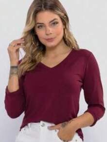 Women's Blouse Long Sleeve V Neck Second Skin Viscolycra - 酒紅色 - 查看 2
