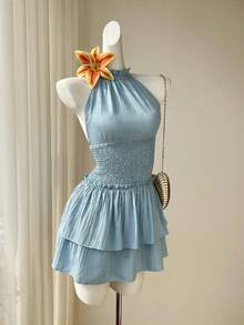 Vestido de verano para mujer de color azul claro, con diseño de halter, espalda descubierta, cintura elástica ajustada, volantes en el bajo, sexy y dulce para citas, fiestas y vacaciones - Azul - Ver 4