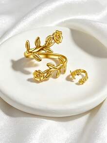 一套复古玫瑰手链和戒指套装，浪漫花藤镂空可调节腕带和戒指，低过敏性时尚首饰，适合日常、派对、婚礼和周年纪念日佩戴。 - 金色 - 查看 5