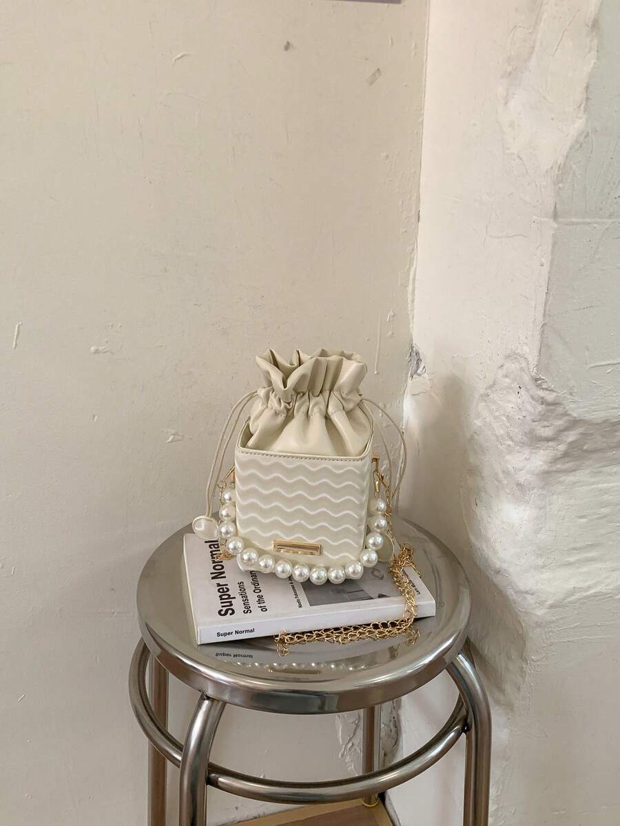 Textured Drawstring Chain Beaded Handbag, New Bucket Bag, Minimalist Chic Box-Shaped Shoulder Crossbody Bag For Women - White - View 1