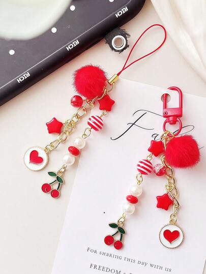 1pc Red Cherry Heart Pom Pom Bag Charm Keychain, Cute Aesthetic Plush Fluffy Ball Key Ring, Pearl Star Beaded Purse Accessories, Kawaii Backpack Handbag Decor Charms For Women Girls