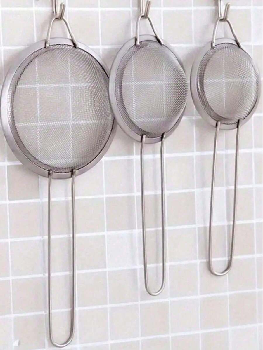 3 piezas/1 pieza Cuchara coladora de malla fina de acero inoxidable con mango - Tamiz para polvo de especias, tamiz para sal gruesa, utensilio de cocina - Plateado - Ver 1