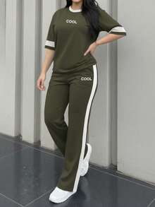 Women's New Round Neck Short Sleeve T-Shirt And Elastic Waist Loose Pants 2 Pieces Set, Suitable For Spring, Summer And Autumn Elegant - Army Green - View 3