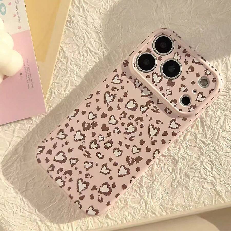 Leopard Print Heart Shaped Soft Silicone Phone Case Compatible With Iphone 17 Pro Max, 15/16 Plus, 15, 14, 13 Pro, 12, 11, 17 Pro, Minimalist Design, Protective Cover - Pink - View 1