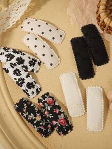 10pcs/Set Floral Embroidery Hair Clips, Countryside Style, Non-Damaging Bangs Clips, Daily & Date Wear Hair Accessories - Black and White - View 3