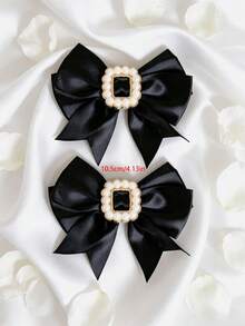 1 Pair Detachable Double-Layer Satin Bow Shoe Clips With Pearl, Square Decor Buckle, Fashion & Elegant, Suitable For High Heels, Flats, Business Shoes And Wedding Shoes - Black - View 5