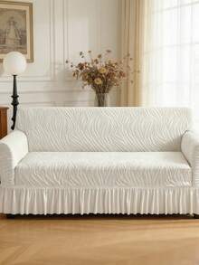 1pc Stretch Sofa Cover, Modern Polyester Leaf Pattern Ruffled Sofa Slipcover, Dust-Proof Anti-Slip, Fits 1/2/3/4 Seater Sofa, All Season - Beige - View 11
