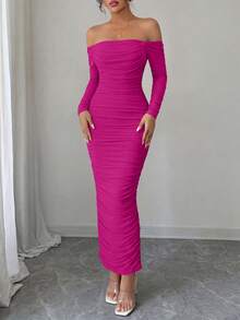 PRETTYGARDEN Womens  Fall Long Sleeve Maxi Dress Off Shoulder Mesh Ruched Bodycon  Long Wedding Guest Christmas New Years Valentine Vacation Dresses For Women Elegant - 玫紅色 - 查看 4