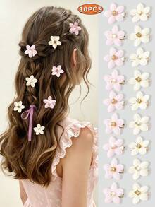 10 piezas Pasadores de pelo con flores, nuevos pasadores de pato con cristales de tela, estilo dulce de vacaciones, pasadores de pelo trenzados para el lado, accesorios de pelo para flequillo - Multicolor - View 1