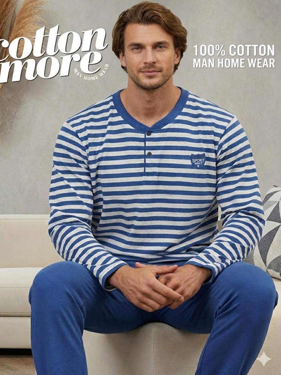 Men's Striped Cotton Long Sleeve Henley Pajama Set, Comfortable Two Pieces Loungewear Sleepwear Set - Multicolor - View 1