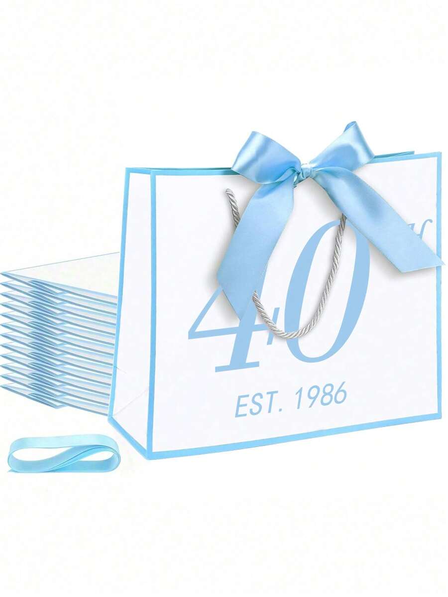 Bolsas de regalo conmemorativas del 30/40/50/60/70 aniversario, bolsas de regalo blancas con bordes y asas azules, bolsas de regalo de papel, bolsas de compras, bolsas de regalo con cintas de lazo azul, bolsas de regalo de bienvenida con cintas de lazo, bolsas de regalo de papel conmemorativas del cumpleaños con cintas de lazo - Multicolor - Ver 1