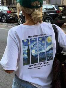Women's Short-Sleeved T-Shirt With Custom Letter Print, Round Neck, Modern And Versatile, Decorated With A Van Gogh's Starry Night Print, Available In Pink, White And Black. 100% Cotton. - 白色 - 查看 6