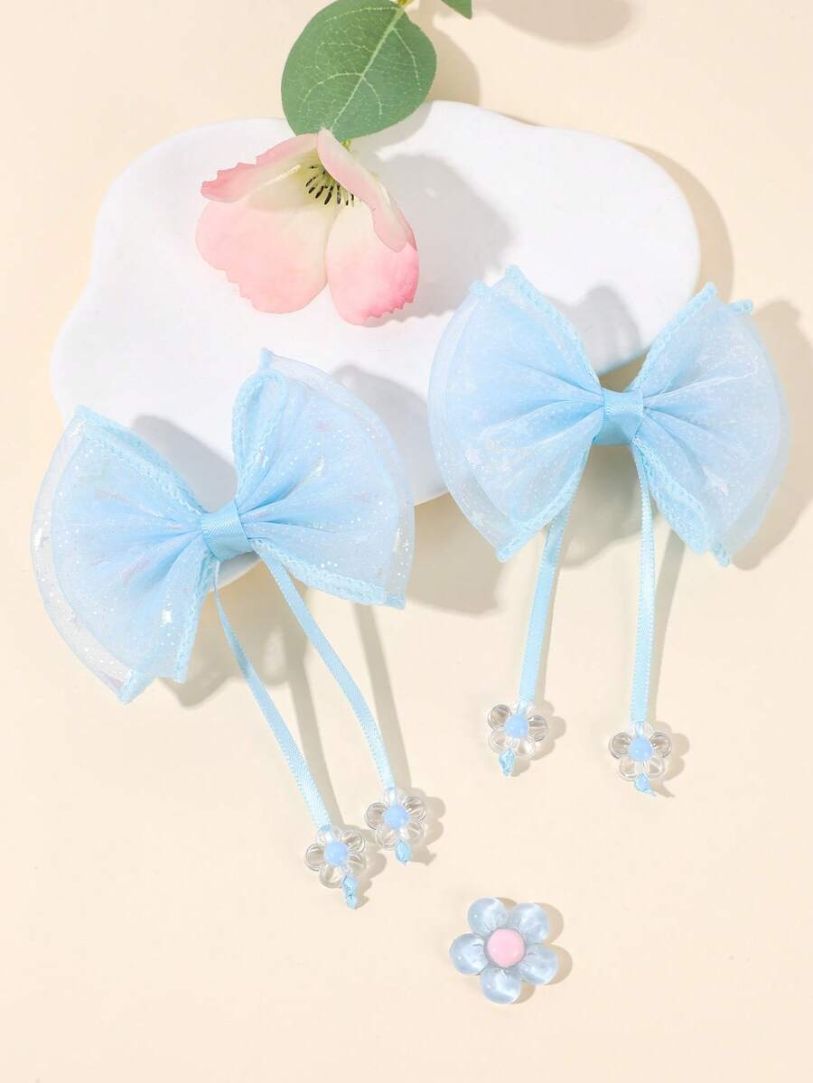 2pcs Blue Solid Bow Hair Clips, Mesh Flower Decor Hair Clips, Fashion Hair Accessories Gift, Suitable For Spring And Summer Wear - Blue - View 1