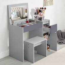 White Marble Vanity Desk With Mirror Drawers Makeup Dressing Table For Bedroom - 淺灰色/深灰色梳妝台 - 查看 2