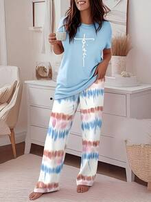 Two-Piece Set | Round-Neck Crossed Print Top Short Sleeve | Gradient Wide Pants Casual Loose Fit Set - 天藍色 - 查看 1