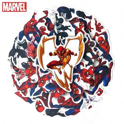 Marvel 50张正版迪士尼漫威蜘蛛侠酷炫贴纸，防水材质，适用于笔记本电脑、滑板等DIY装饰