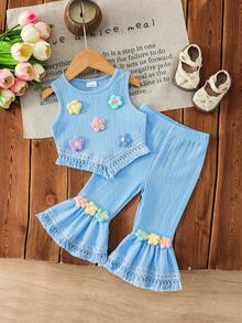 Girls Bubble Chiffon Floral Applique Hem Fringe Vest Top And Flare Leg Fringe Hem Pants 2 Pieces Set - Blue - View 2