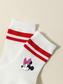 Disney 5 Pairs Kids/Girls' Spring/Summer Sports Socks/School Socks/Ankle Socks, Cute Cartoon Patterns Like Double Stripes, Mickey Mouse, Bow Decor, Fashionable Soft Breathable Moisture-Wicking Socks, Suitable For Back To School, Campus, Sports, Class, New Semester, Students - Multicolor - View 5