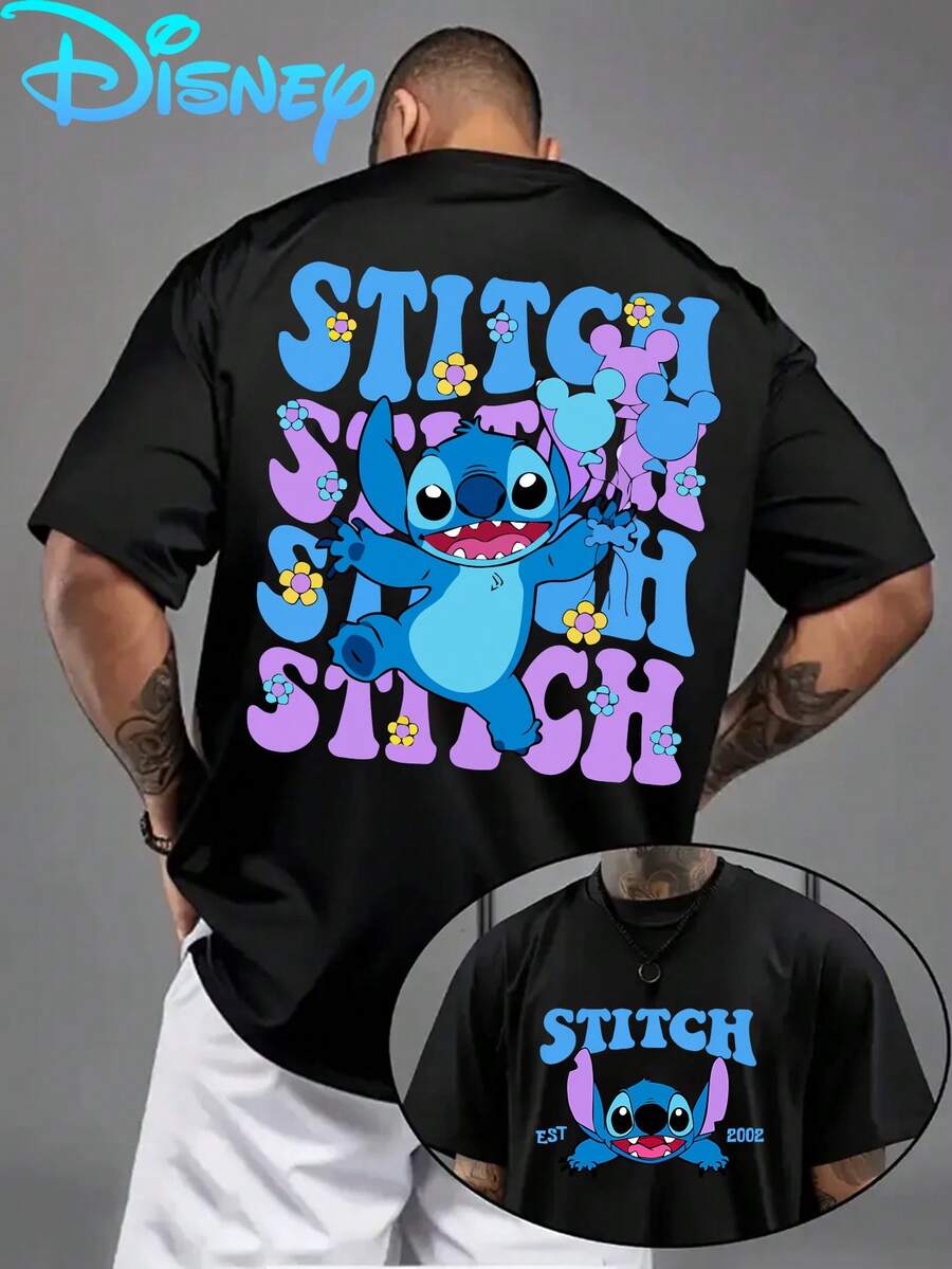 1pc Disney Men's T-Shirt, Disney Stitch Print T-Shirt Front And Back Double Print Cute Short Sleeve, Crew Neck Casual Comfort T-Shirt, Breathable And Lightweight, Suitable For Sports And Casual Wear, Spring And Summer T-Shirt, Suitable For Gift Givi - 黑色 - 查看 1