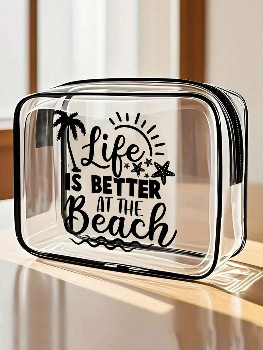 Bộ 1 túi đi biển PVC chống thấm nước in chữ "Take Me To The Beach" kèm hình sao biển, túi đựng mỹ phẩm PVC, túi đựng đồ du lịch PVC có khóa kéo - Túi đựng đồ trang điểm và đồ dùng vệ sinh cá nhân nhẹ, chống phai màu, phù hợp cho cả nam và nữ, hộp đựng mỹ phẩm xách tay được TSA chấp thuận, thiết kế dễ lau chùi, lý tưởng cho các bà mẹ, giáo viên, bạn bè, y tá, trường học, kỳ nghỉ, đồ dùng cần thiết khi đi du lịch, quà tặng Ngày của Mẹ, đồ dùng cần thiết cho mùa hè. - Nhiều màu - Xem 1