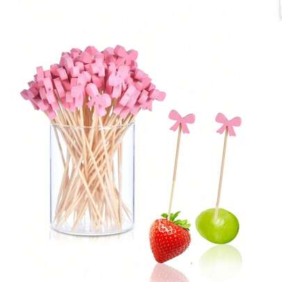 100pcs Charming Bow Tie Fruit Skewers, Pink Bow Tie Toothpicks, Pink Bow Tie Cocktail Picks, Pink Bow Tie Themed Toothpicks, Fruit Cup Cake Toppers, Food Sandwich Skewers, Appetizer Decoration, Women/Girls Birthday Party Supplies