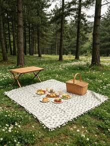 1pc Oversized Outdoor Picnic Blanket, Made Of High-Quality 100% Polyester Fabric, Elegant Green Leaf Print Design With Fringed Decor, Soft & Durable Foldable, Suitable For Forest Camping, Beach Vacation, Backyard Picnic And Family Gathering, Portable Decorative Camping Mat - Color - View 12